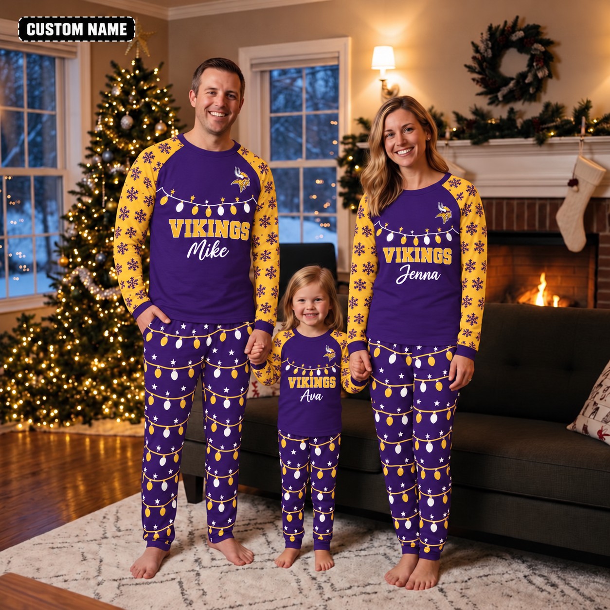 Minnesota Vikings family Christmas pajamas, string lights design