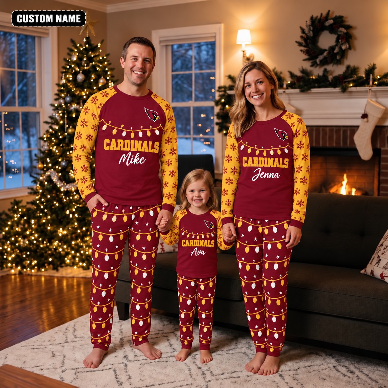 Arizona Cardinals family Christmas pajamas, string lights design