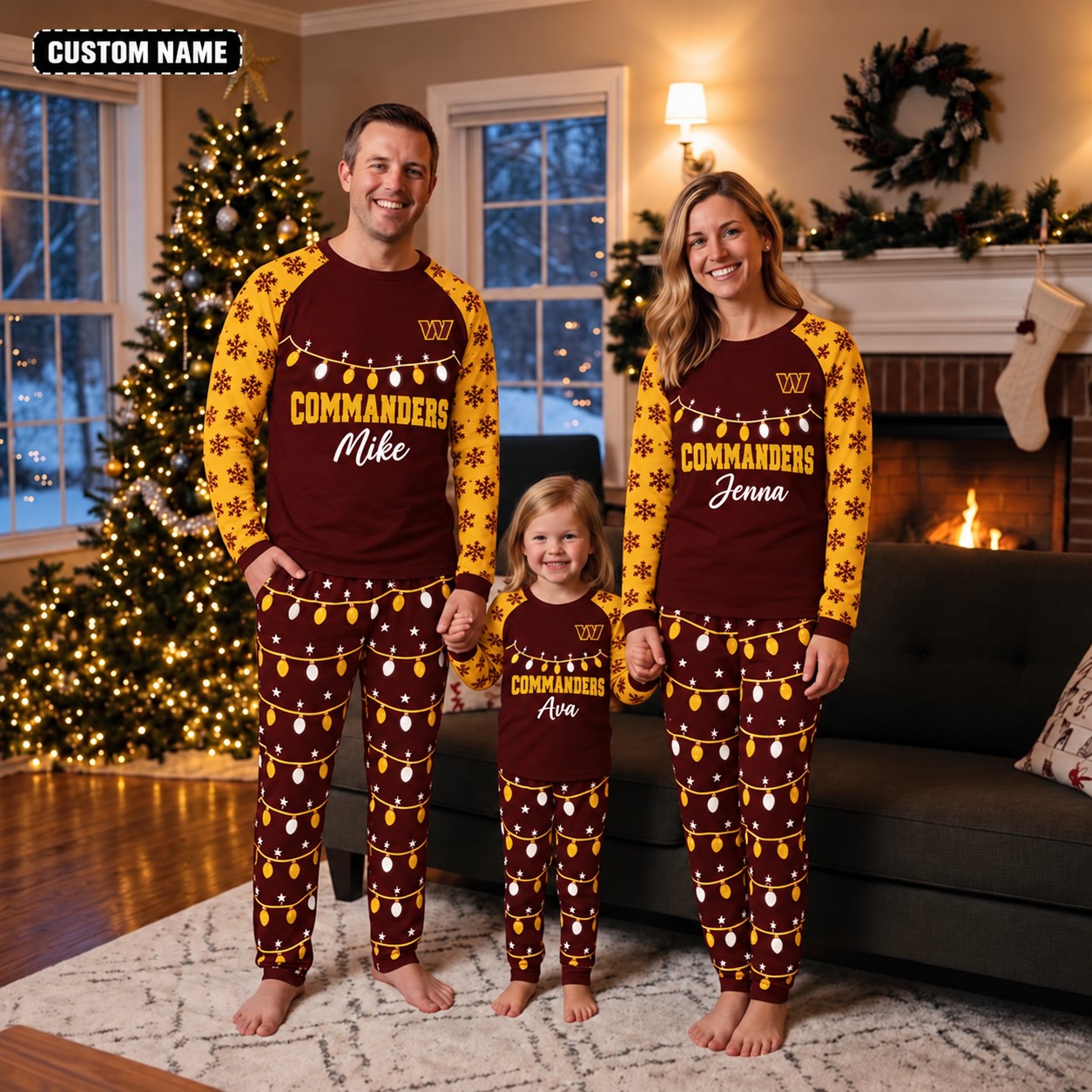 Washington Commanders family Christmas pajamas, string lights design