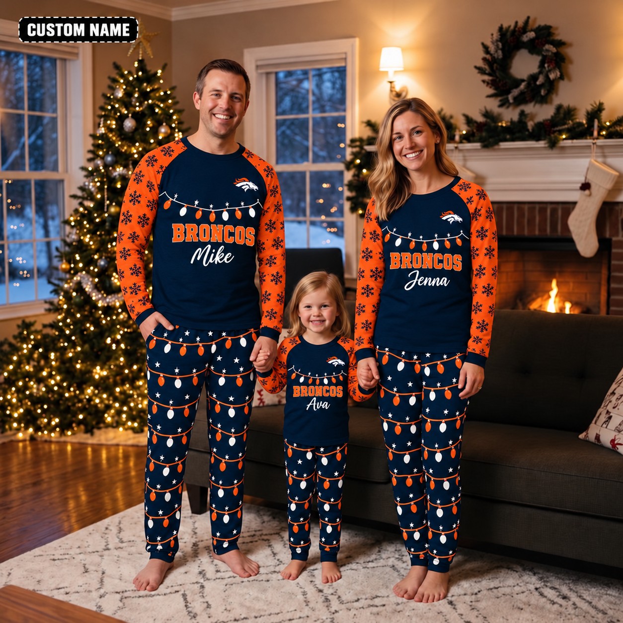 Denver Broncos family Christmas pajamas, string lights design