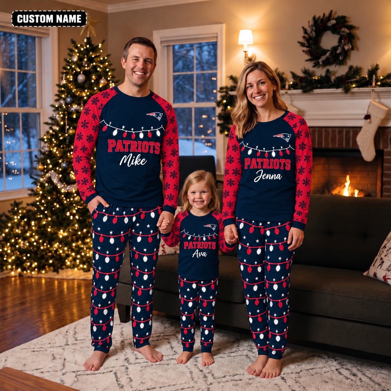 New England Patriots family Christmas pajamas, string lights design