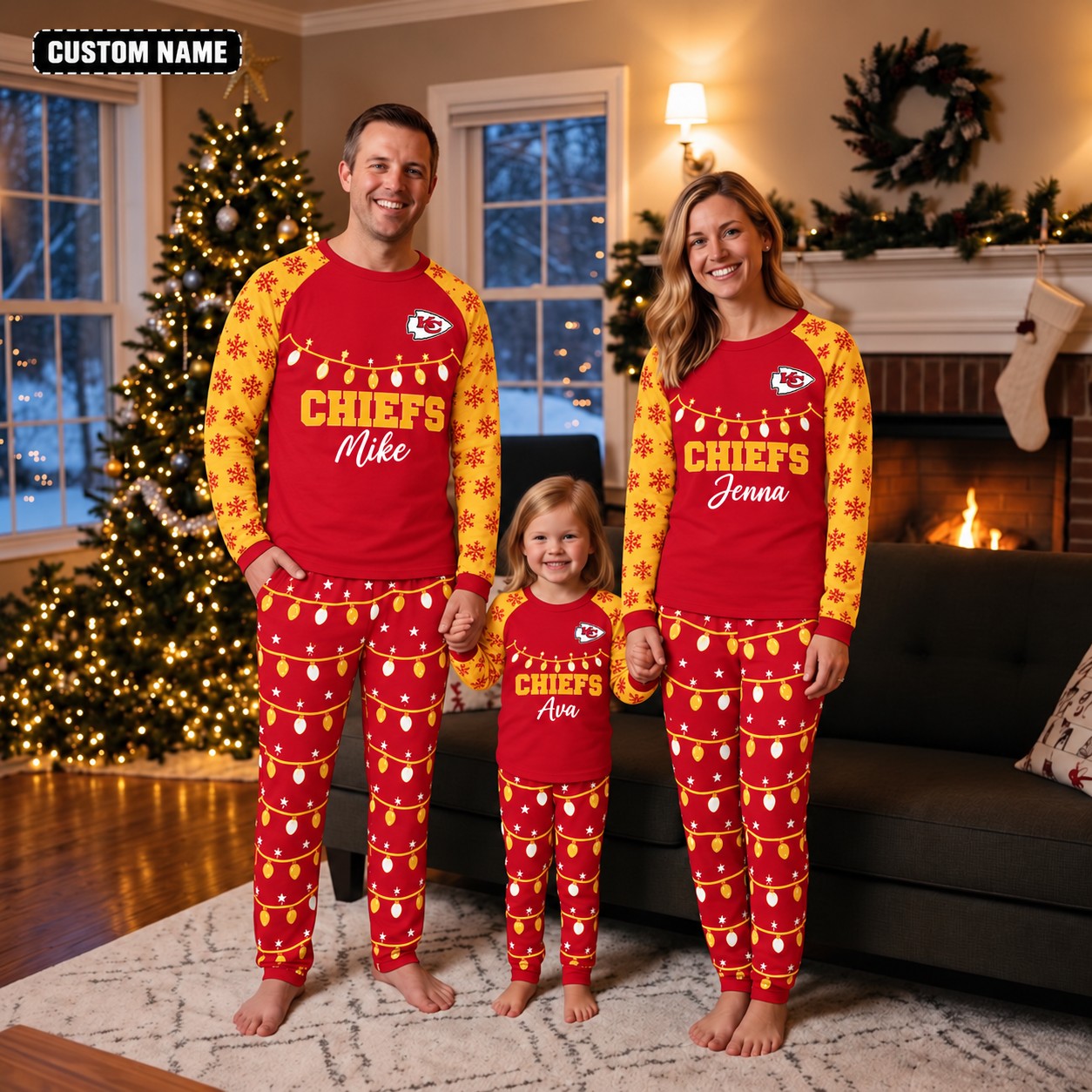 Kansas City Chiefs family Christmas pajamas, string lights design