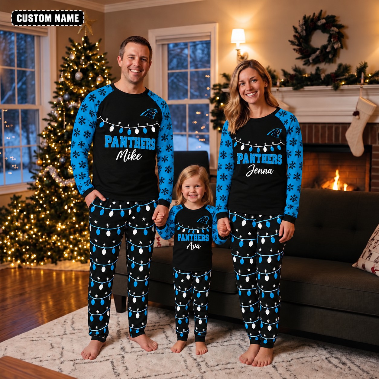 Carolina Panthers family Christmas pajamas, string lights design