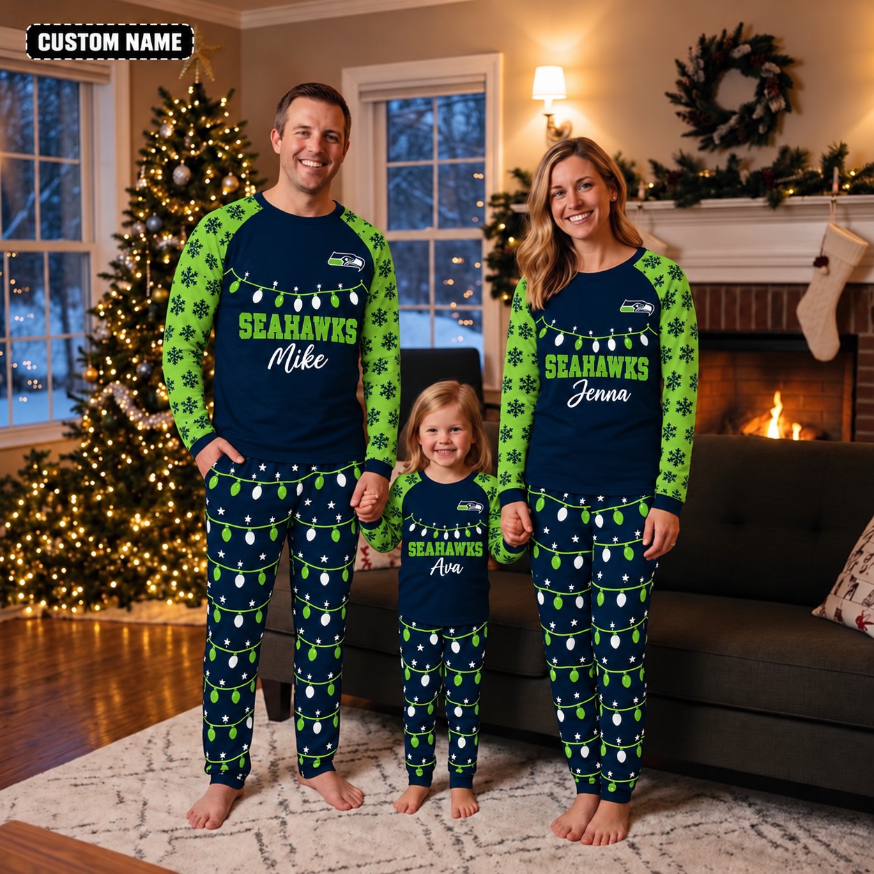 Seattle Seahawks family Christmas pajamas, string lights design