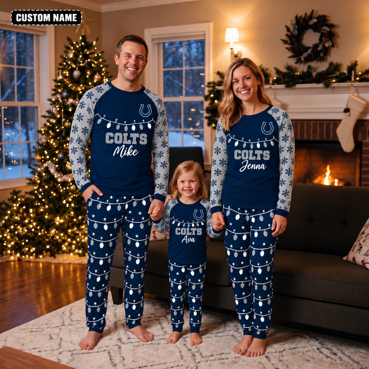 Indianapolis Colts family Christmas pajamas, string lights design