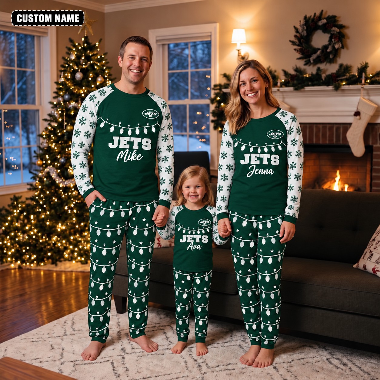 New York Jets family Christmas pajamas, string lights design