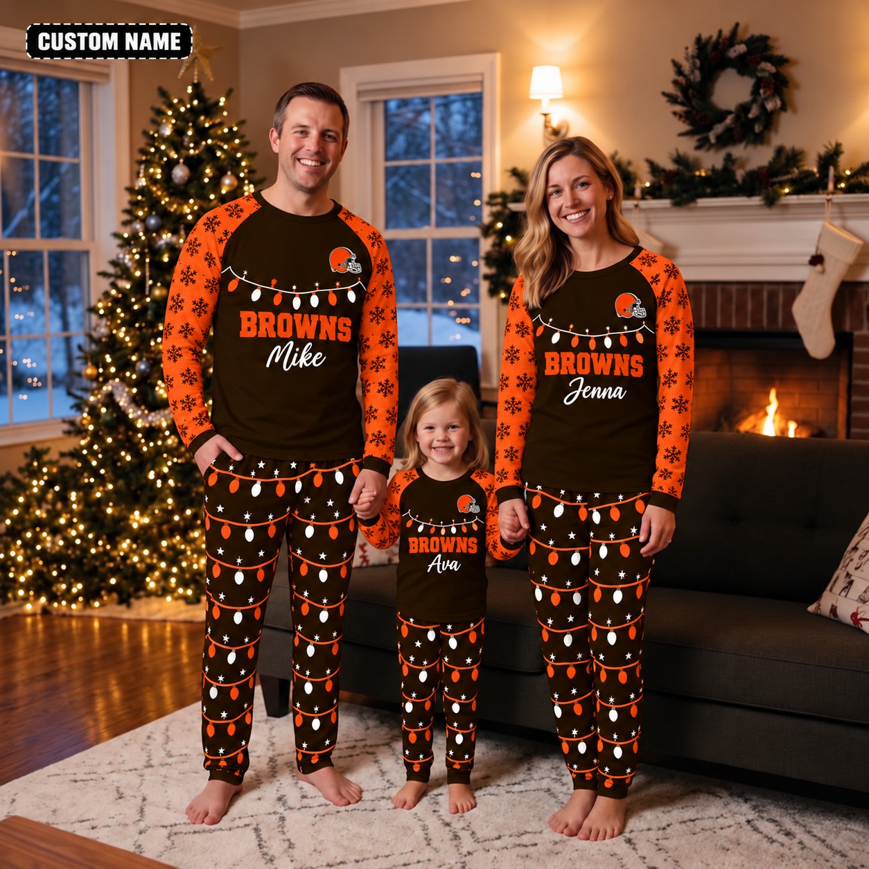 Cleveland Browns family Christmas pajamas, string lights design