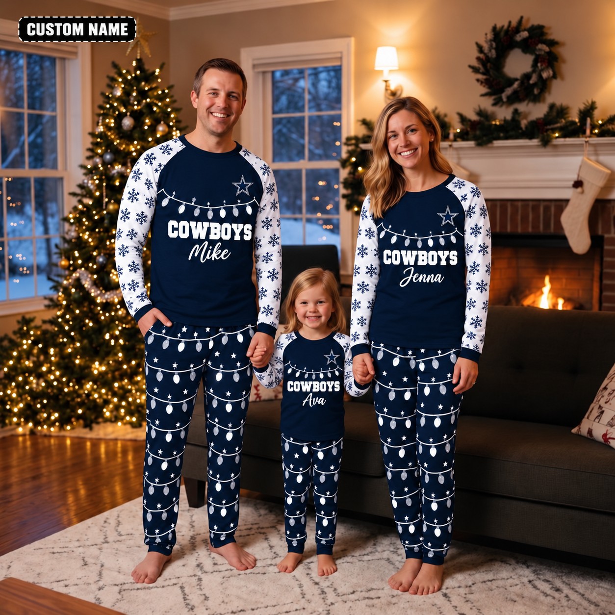 Dallas Cowboys family Christmas pajamas, string lights design