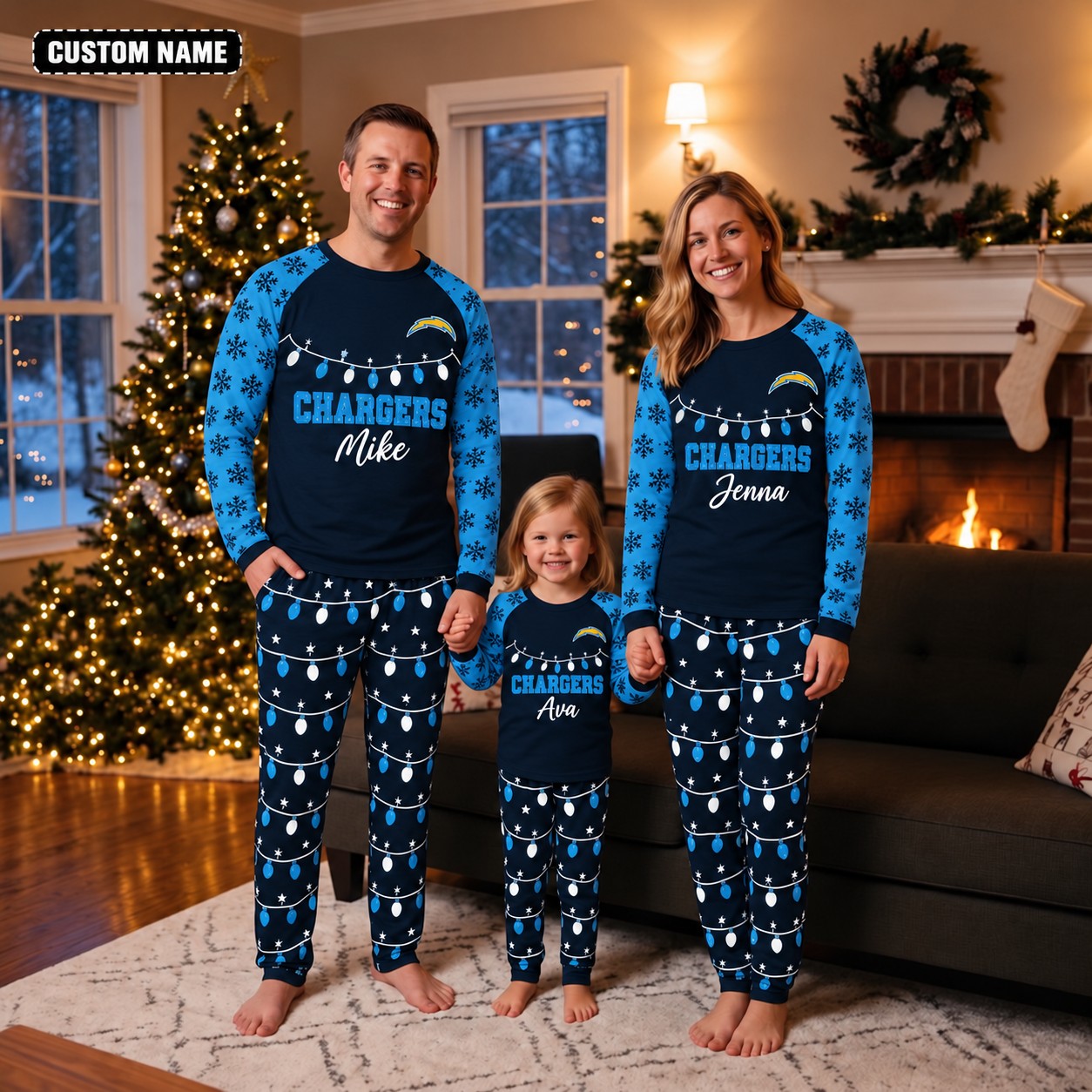 Los Angeles Chargers family Christmas pajamas, string lights design