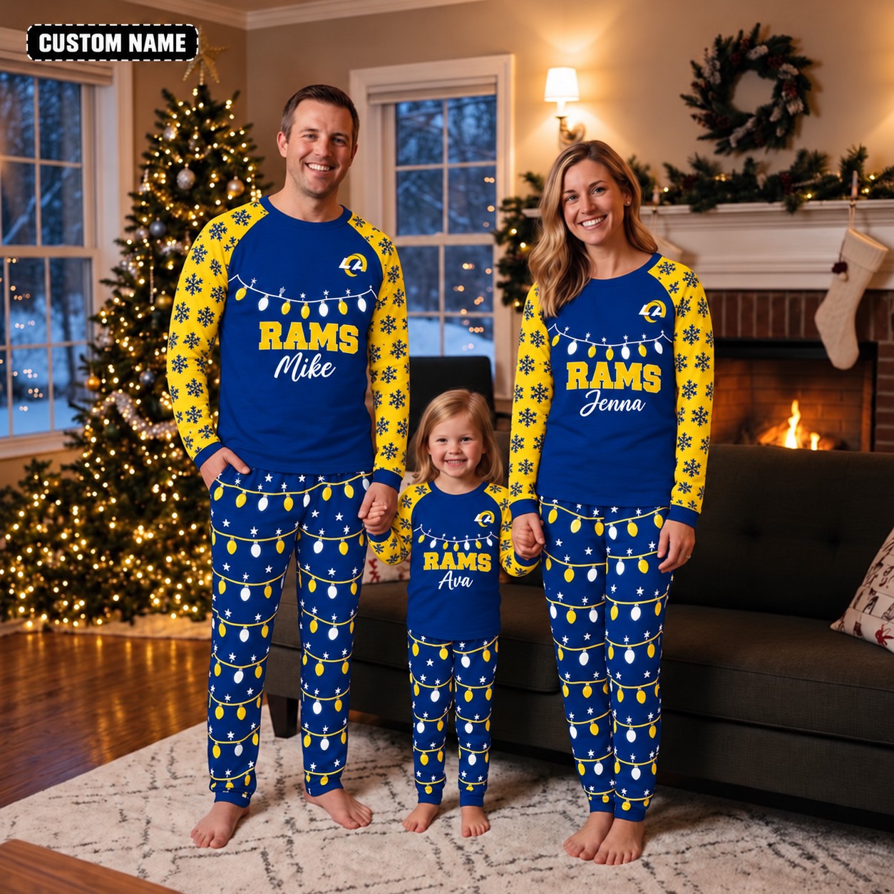 Los Angeles Rams family Christmas pajamas, string lights design