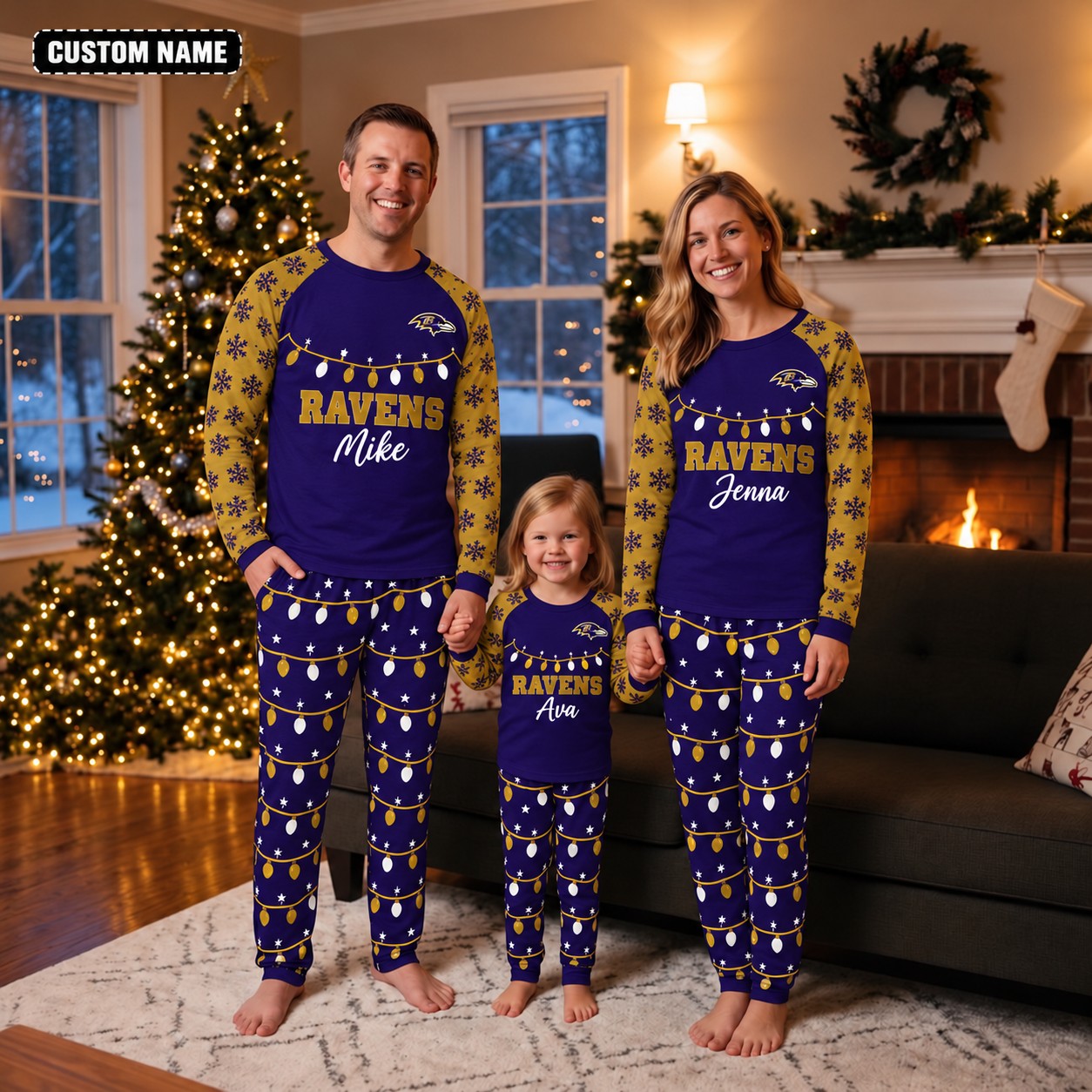 Baltimore Ravens family Christmas pajamas, string lights design