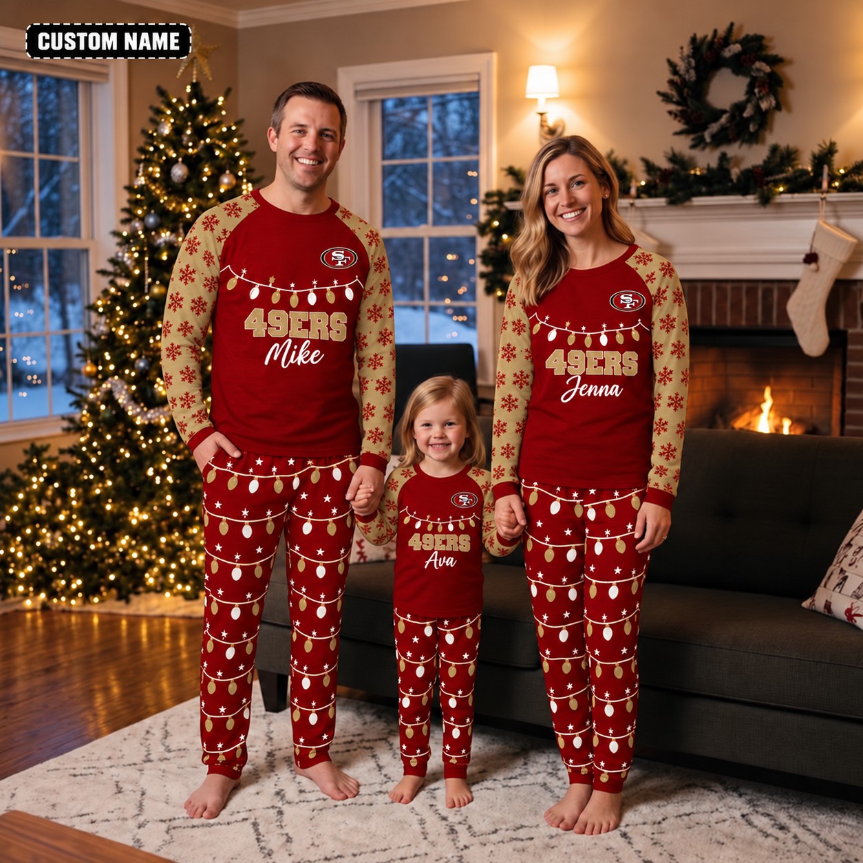 San Francisco 49ers family Christmas pajamas, string lights design