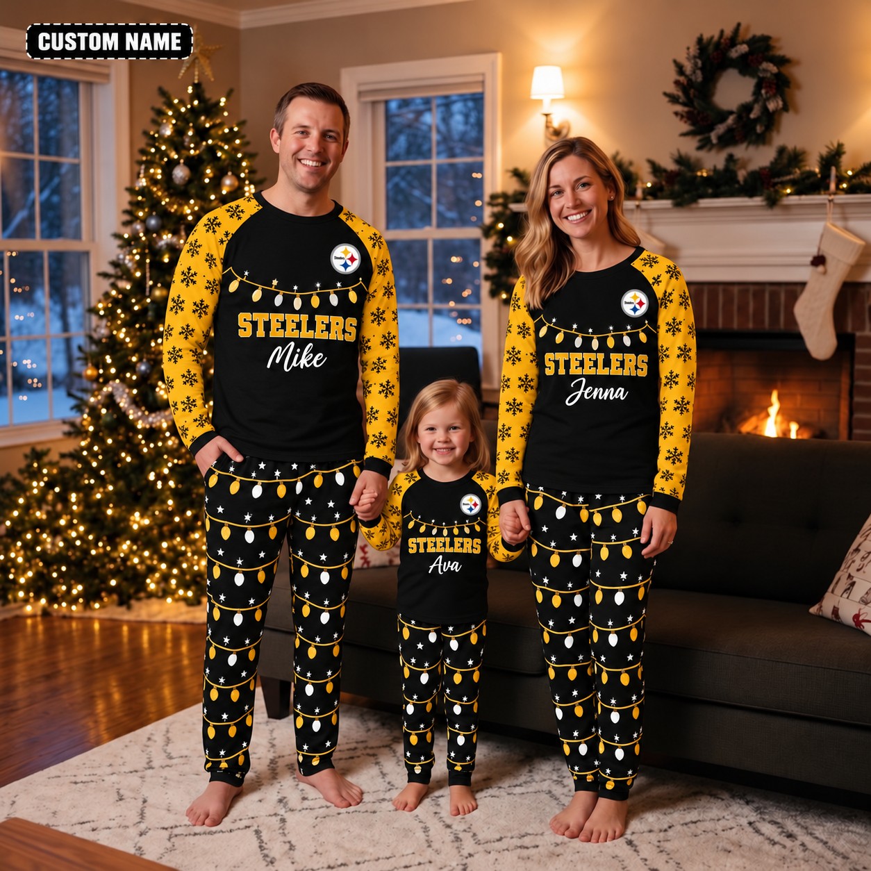 Pittsburgh Steelers family Christmas pajamas, string lights design