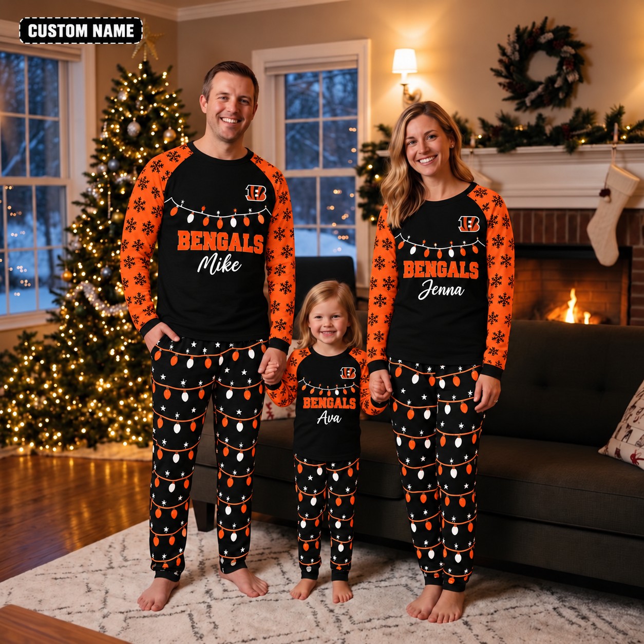 Cincinnati Bengals family Christmas pajamas, string lights design
