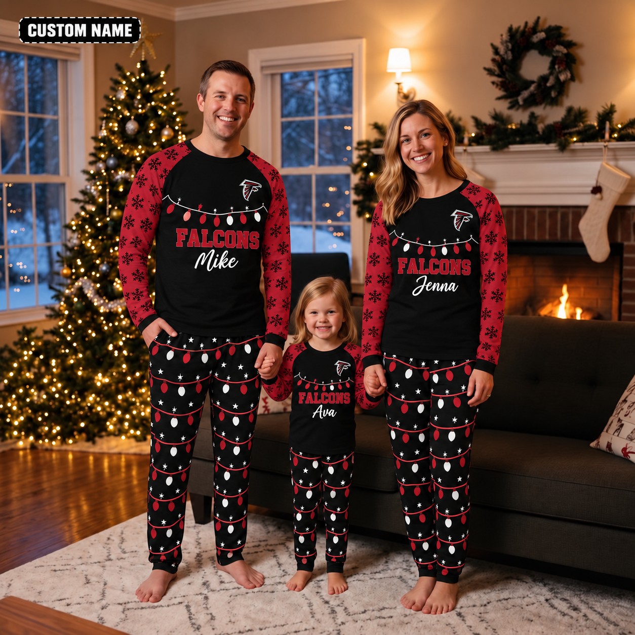 Atlanta Falcons family Christmas pajamas, string lights design