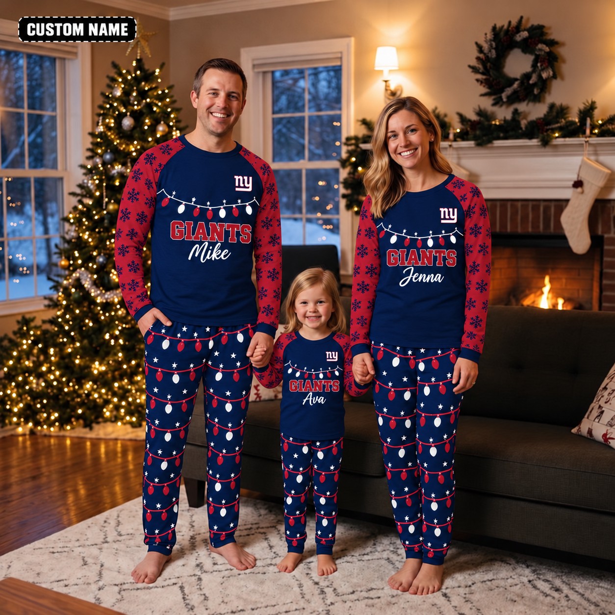 New York Giants family Christmas pajamas, string lights design