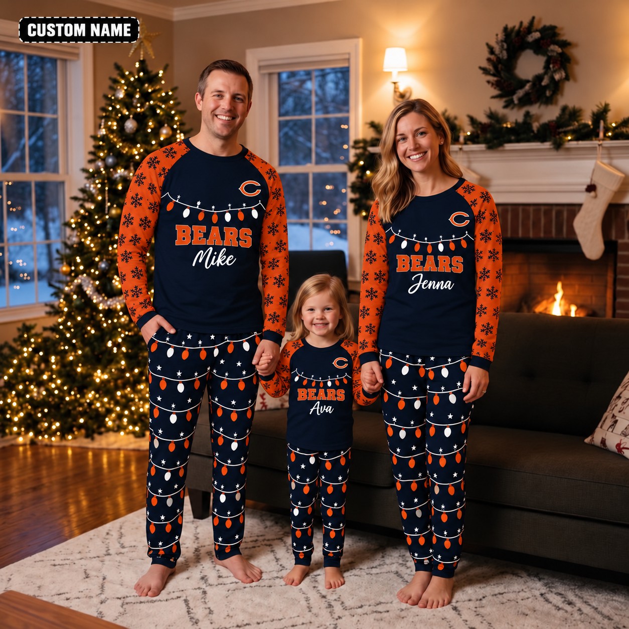Chicago Bears family Christmas pajamas, string lights design