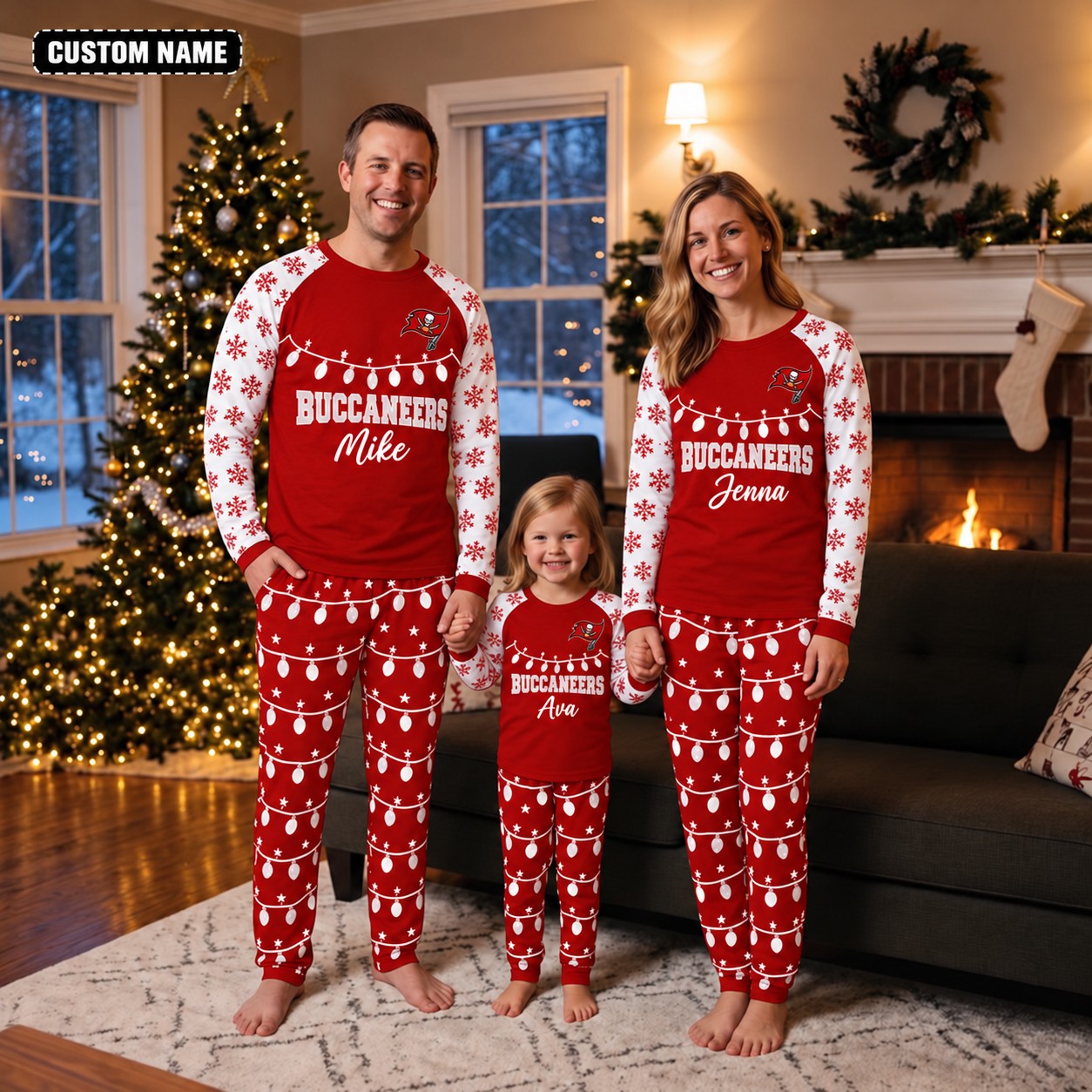 Tampa Bay Buccaneers family Christmas pajamas, string lights design