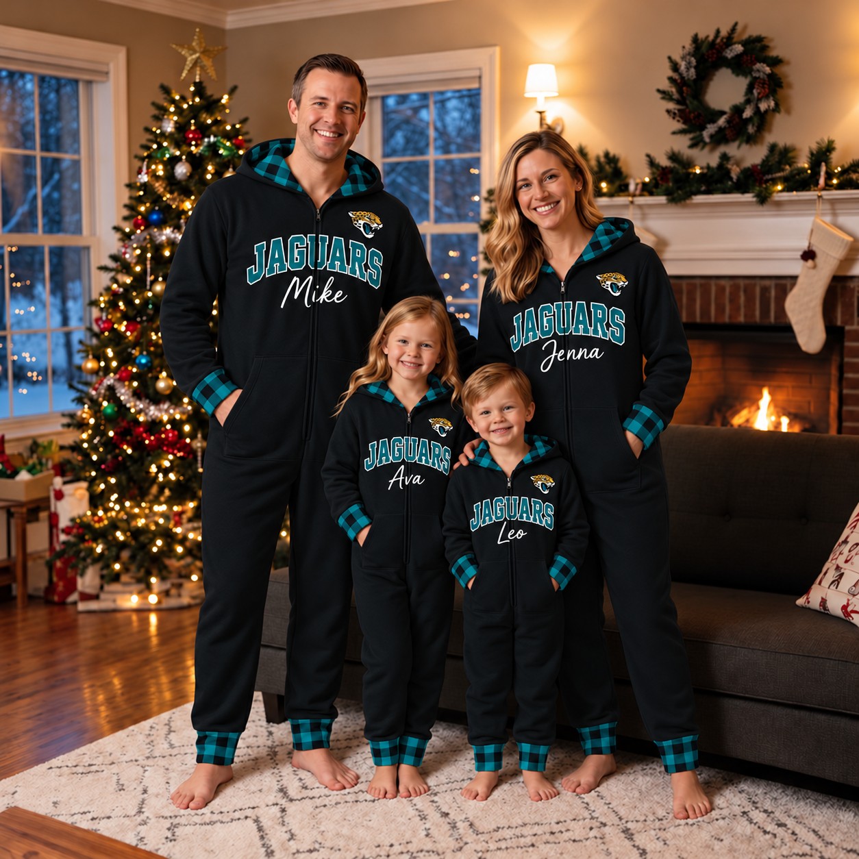 Jacksonville Jaguars family Christmas onesies, plaid design
