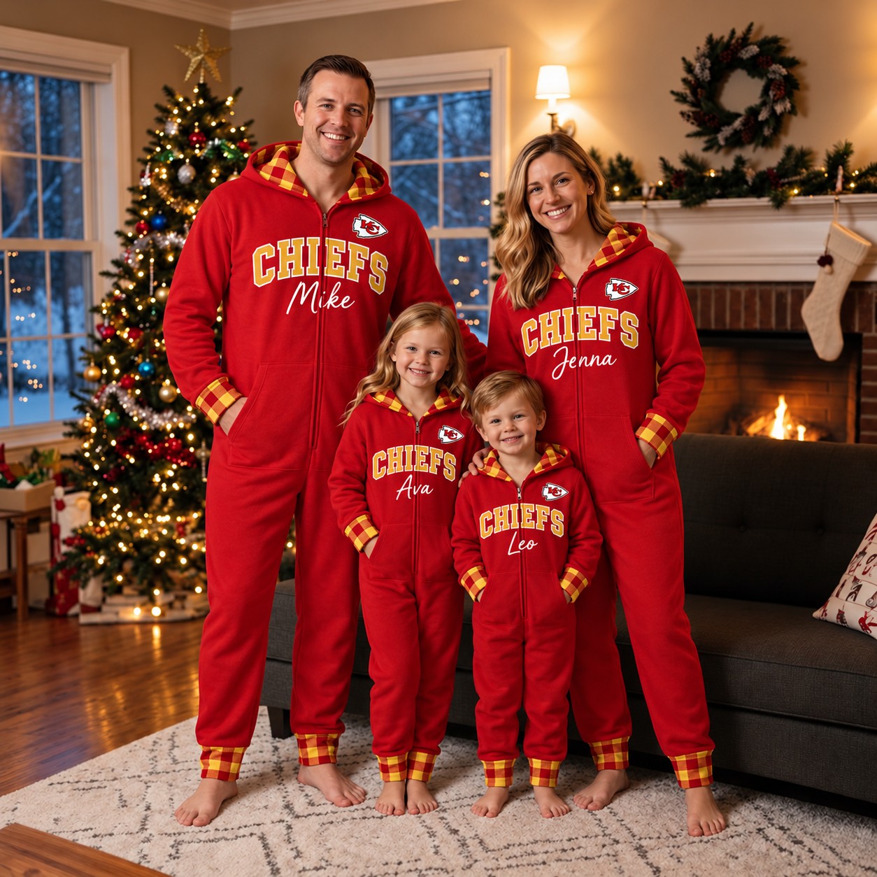 Kansas City Chiefs family Christmas onesies, plaid design