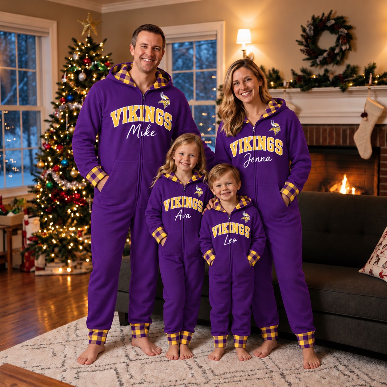Minnesota Vikings family Christmas onesies, plaid design