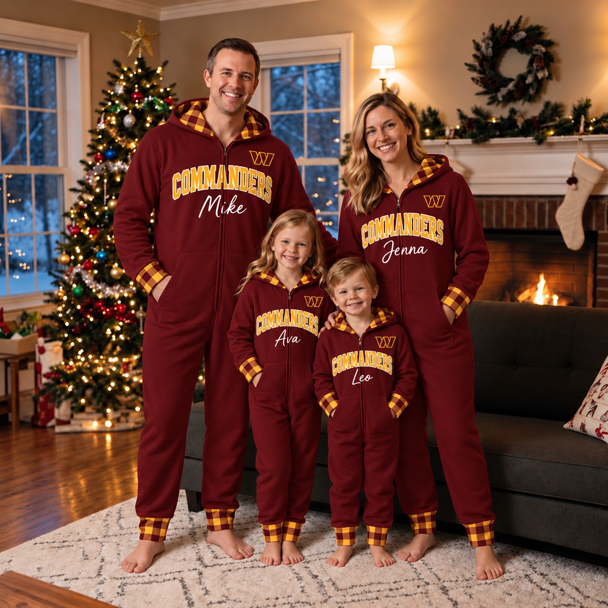 Washington Commanders family Christmas onesies, plaid design
