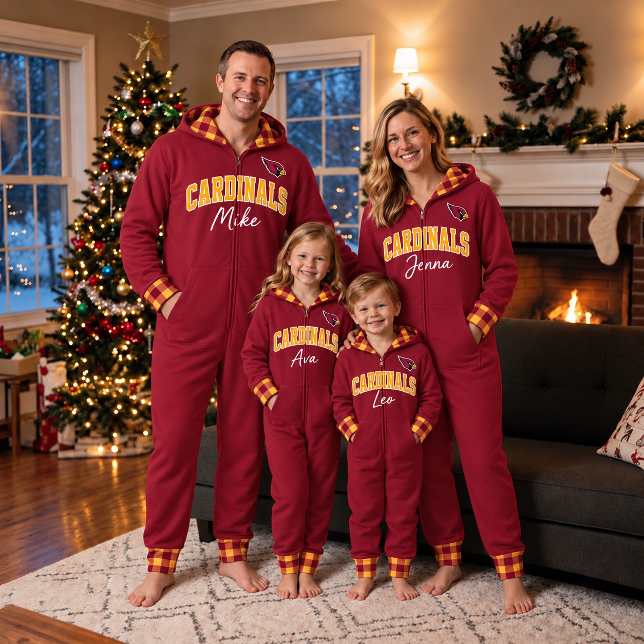 Arizona Cardinals family Christmas onesies, plaid design