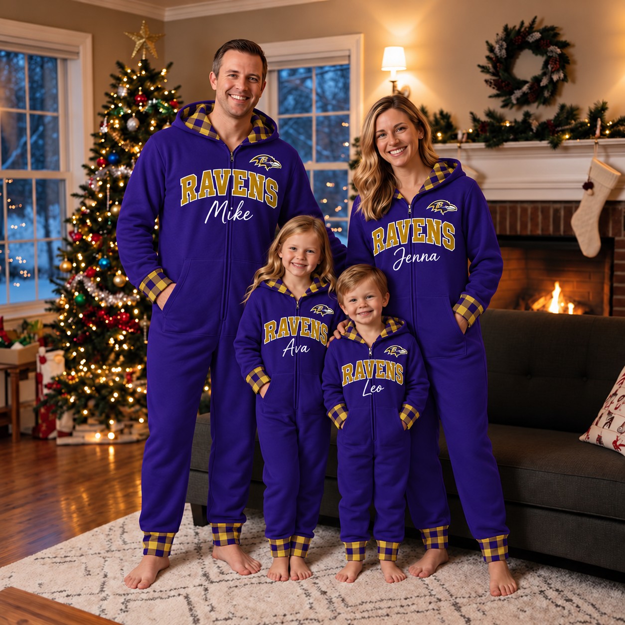 Baltimore Ravens family Christmas onesies, plaid design