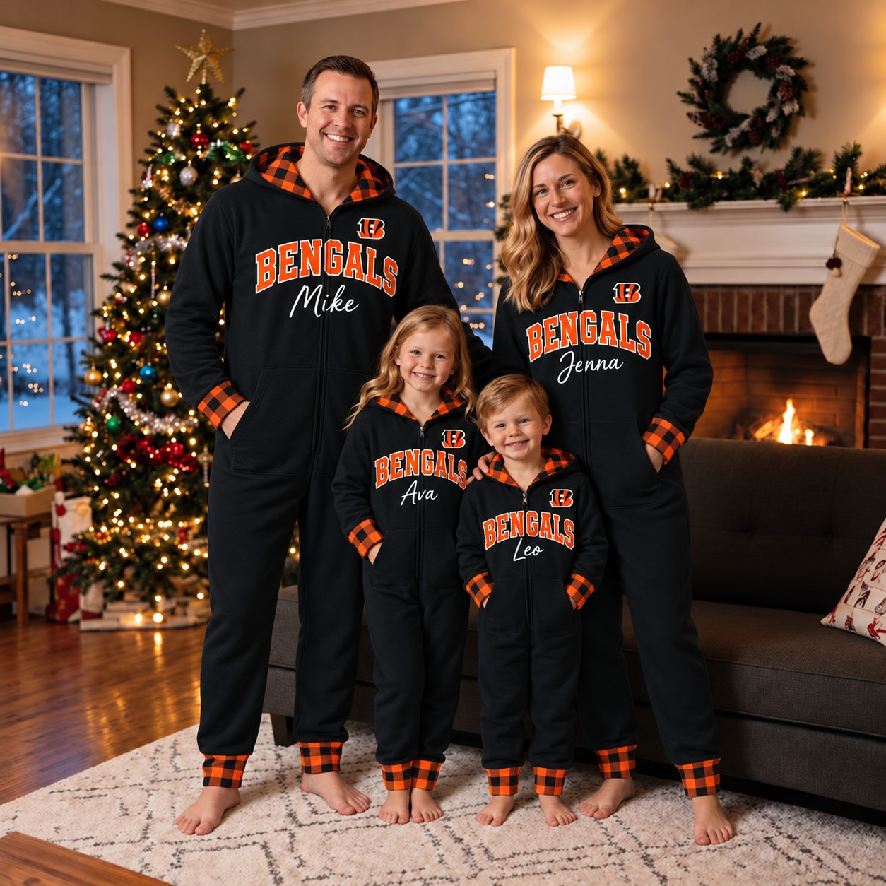 Cincinnati Bengals family Christmas onesies, plaid design