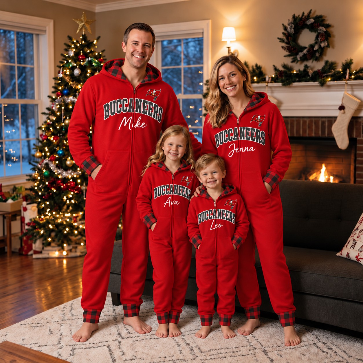 Tampa Bay Buccaneers family Christmas onesies, plaid design