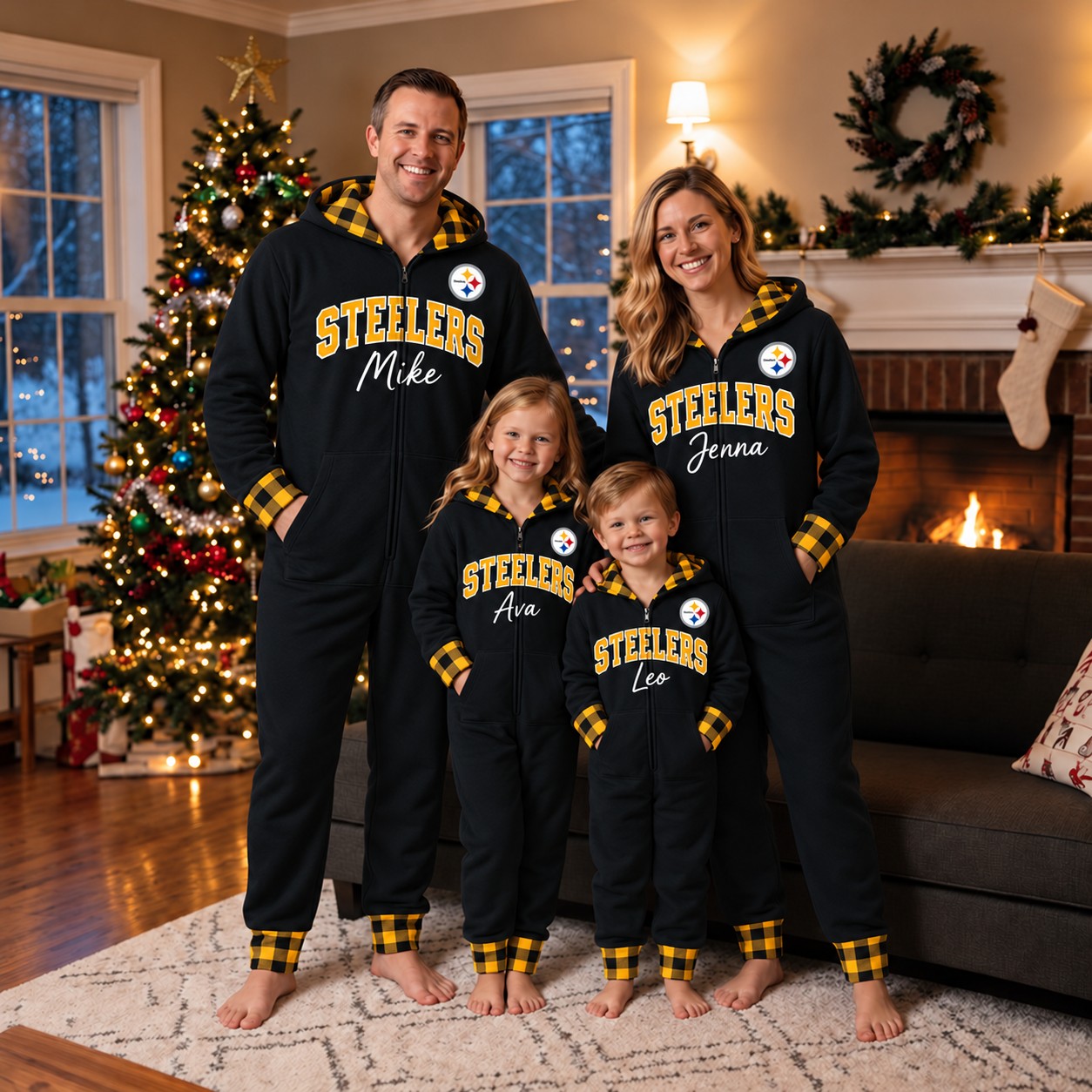 Pittsburgh Steelers family Christmas onesies, plaid design