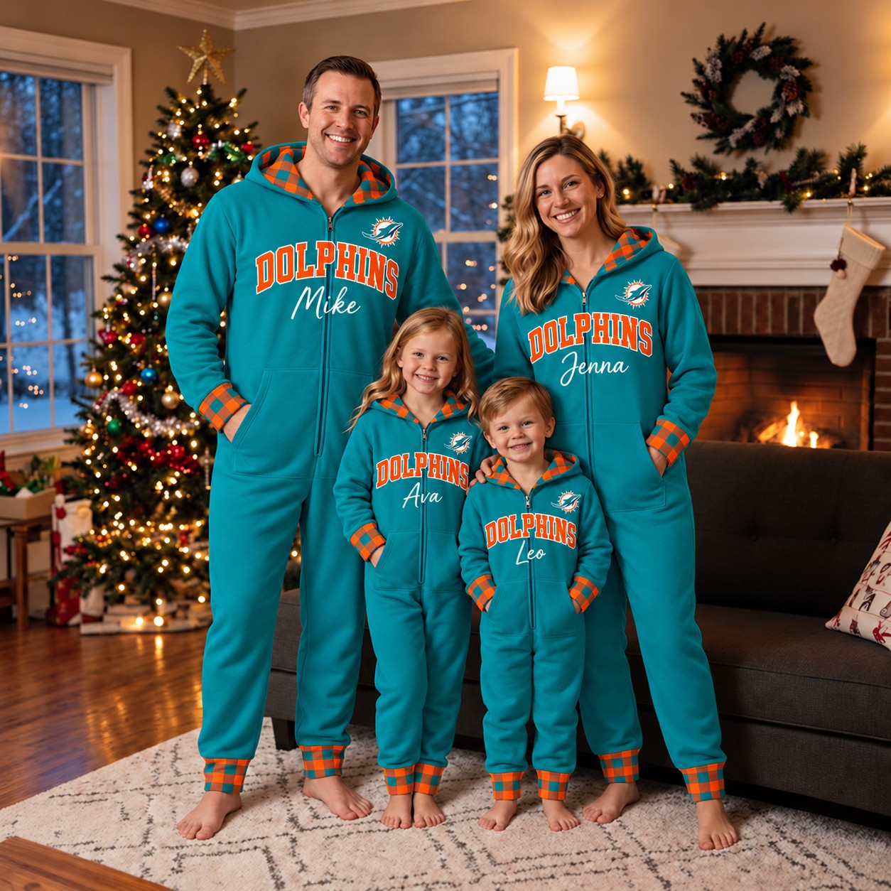 Miami Dolphins family Christmas onesies, plaid design