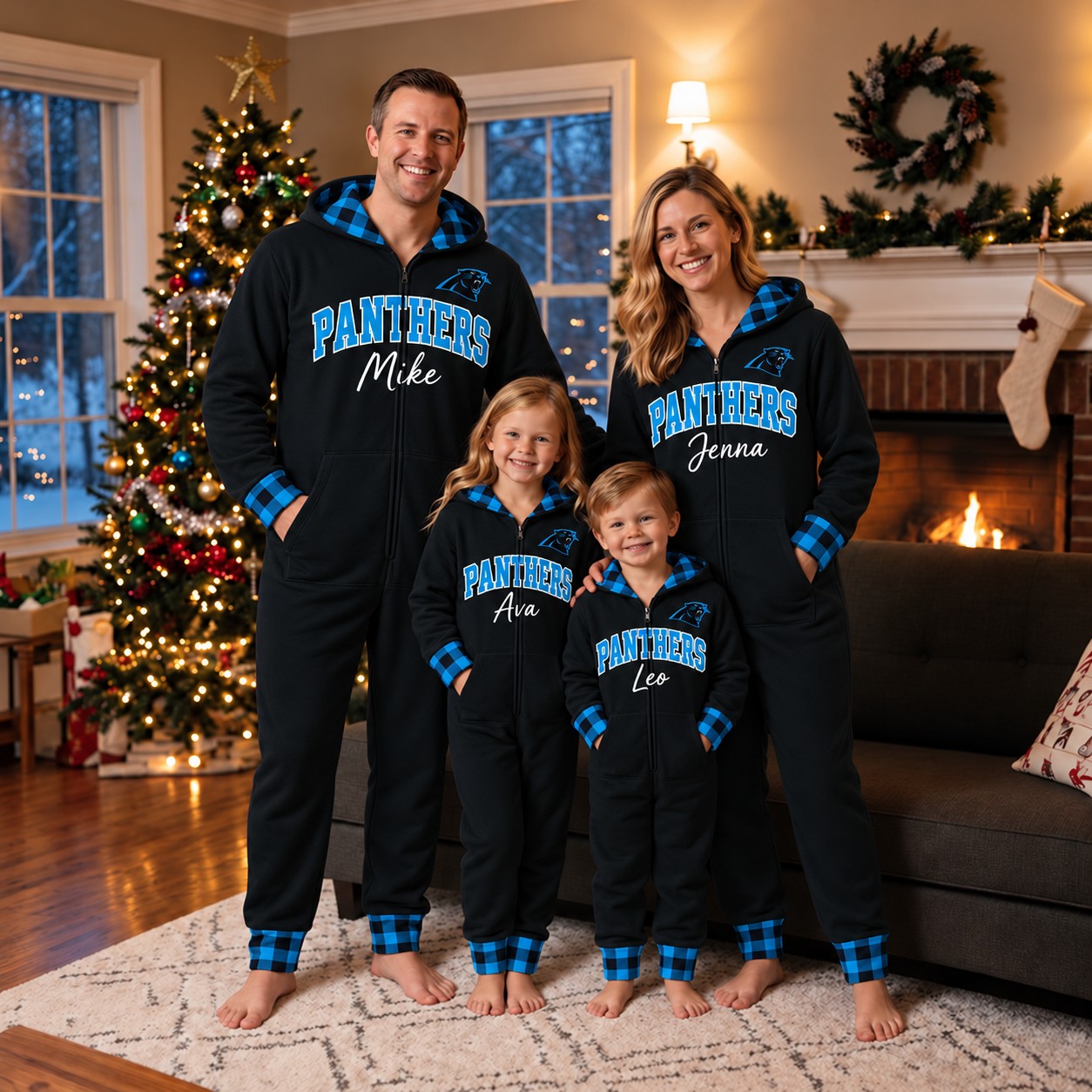 Carolina Panthers family Christmas onesies, plaid design