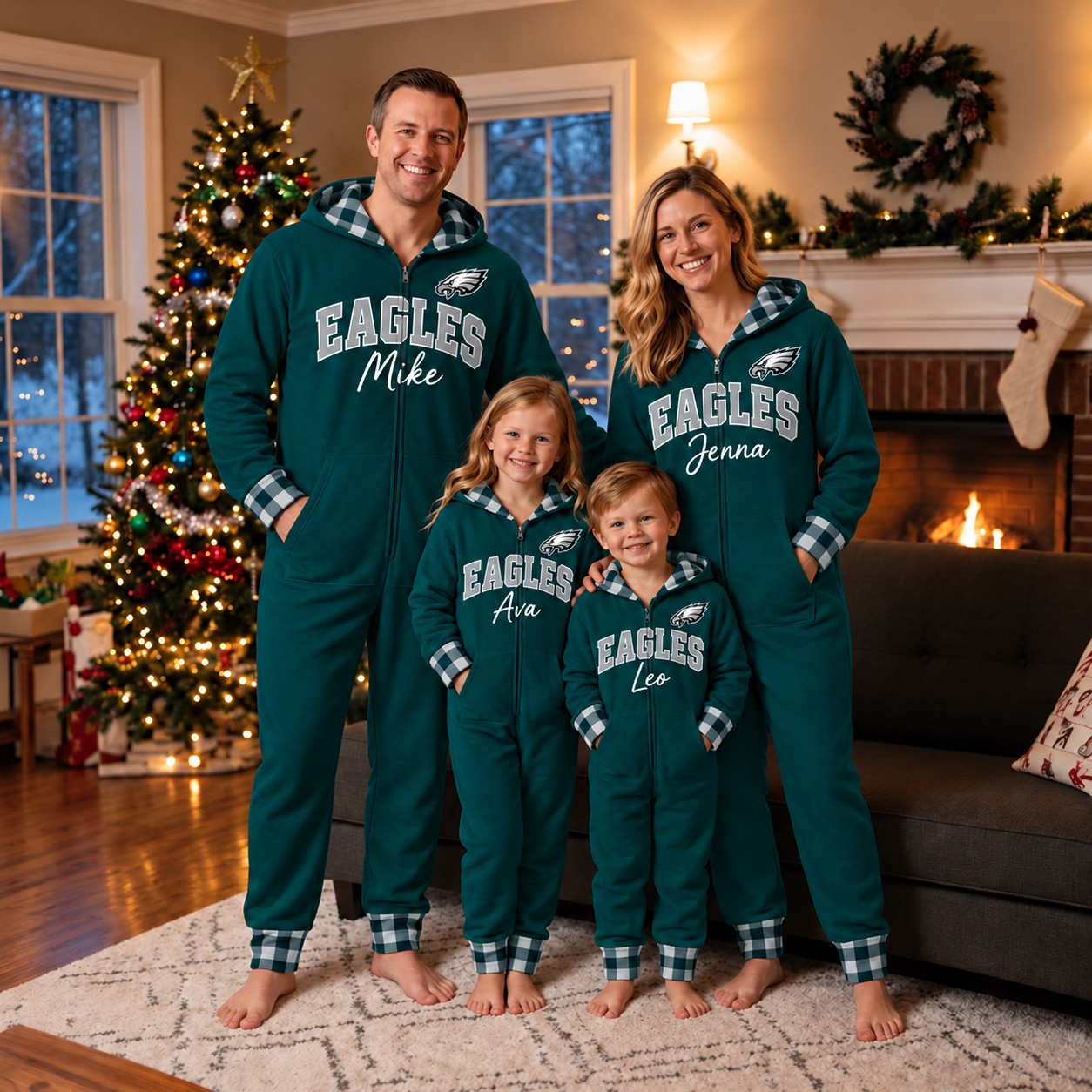 Philadelphia Eagles family Christmas onesies, plaid design