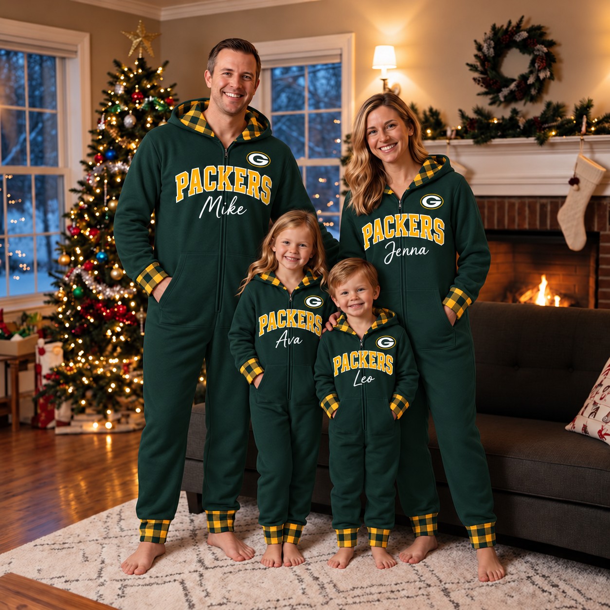 Green Bay Packers family Christmas onesies, plaid design