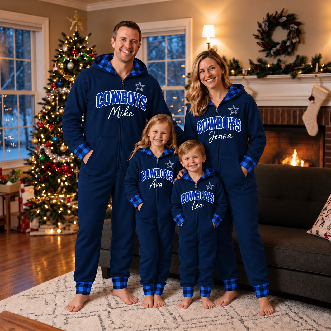 Dallas Cowboys family Christmas onesies, plaid design
