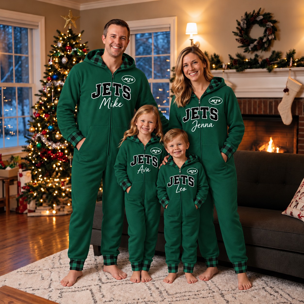 New York Jets family Christmas onesies, plaid design