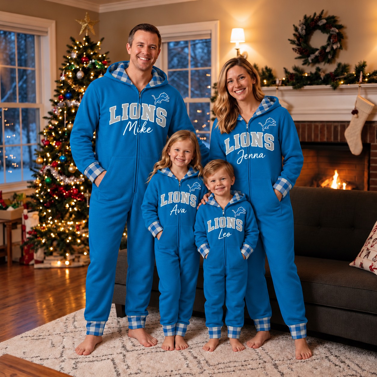 Detroit Lions family Christmas onesies, plaid design