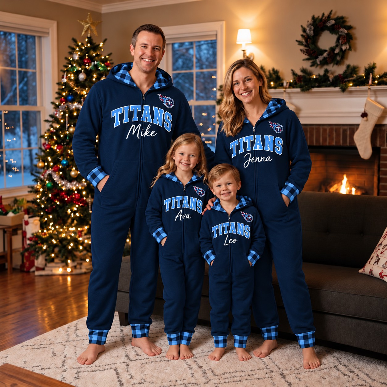Tennessee Titans family Christmas onesies, plaid design