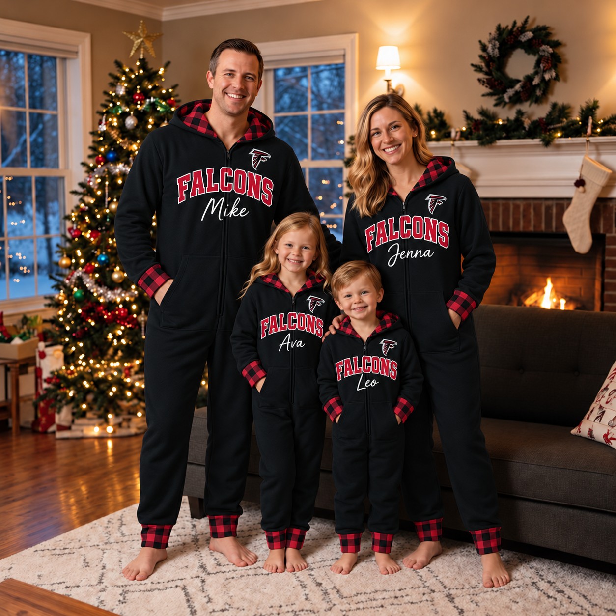 Atlanta Falcons family Christmas onesies, plaid design