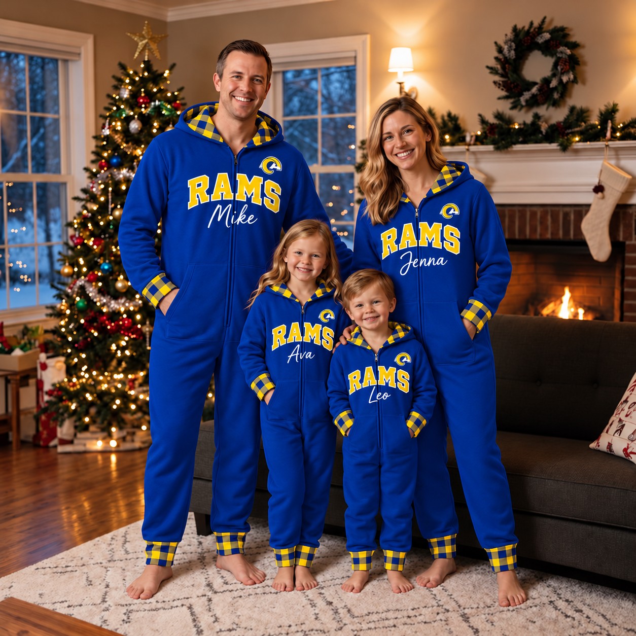 Los Angeles Rams family Christmas onesies, plaid design