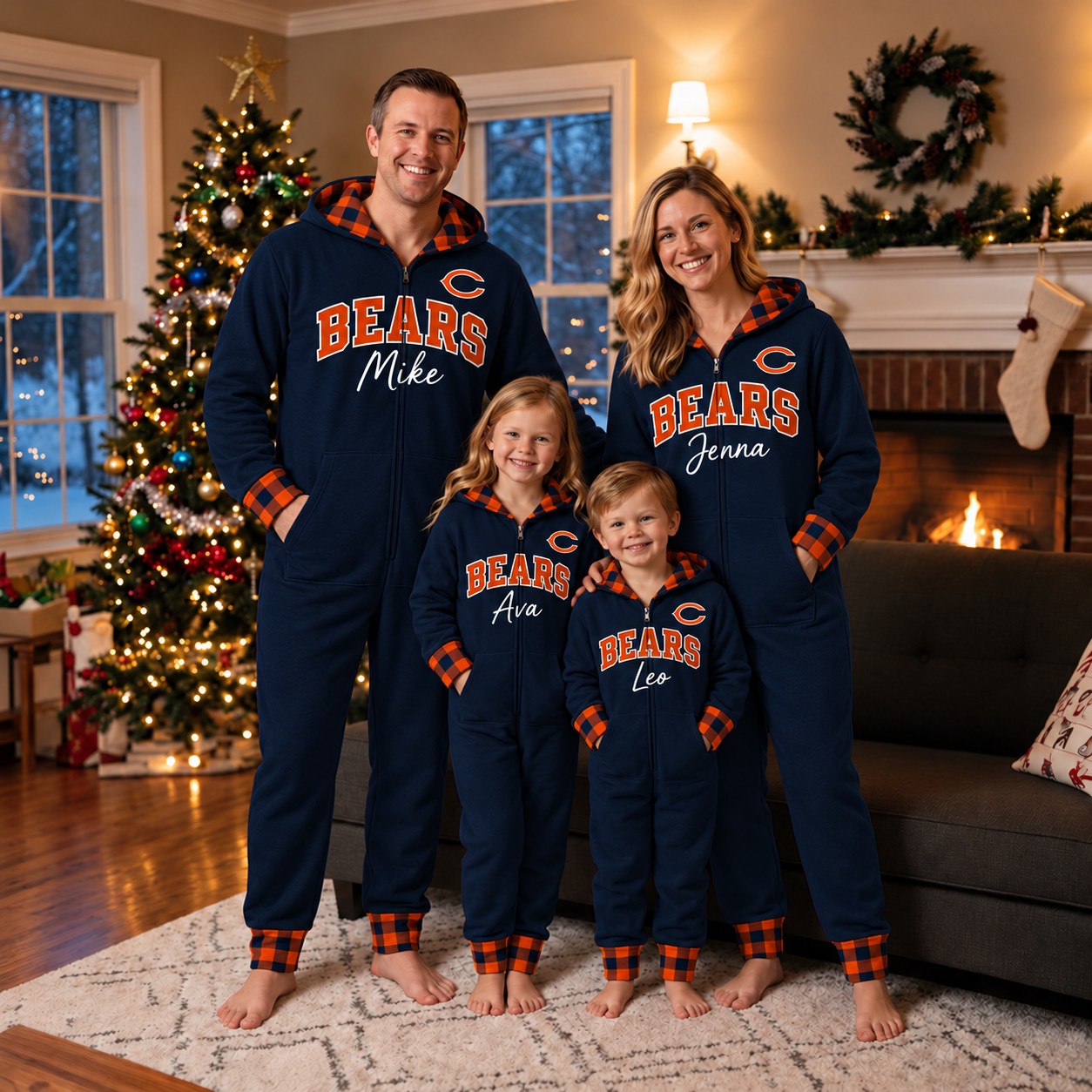 Chicago Bears family Christmas onesies, plaid design