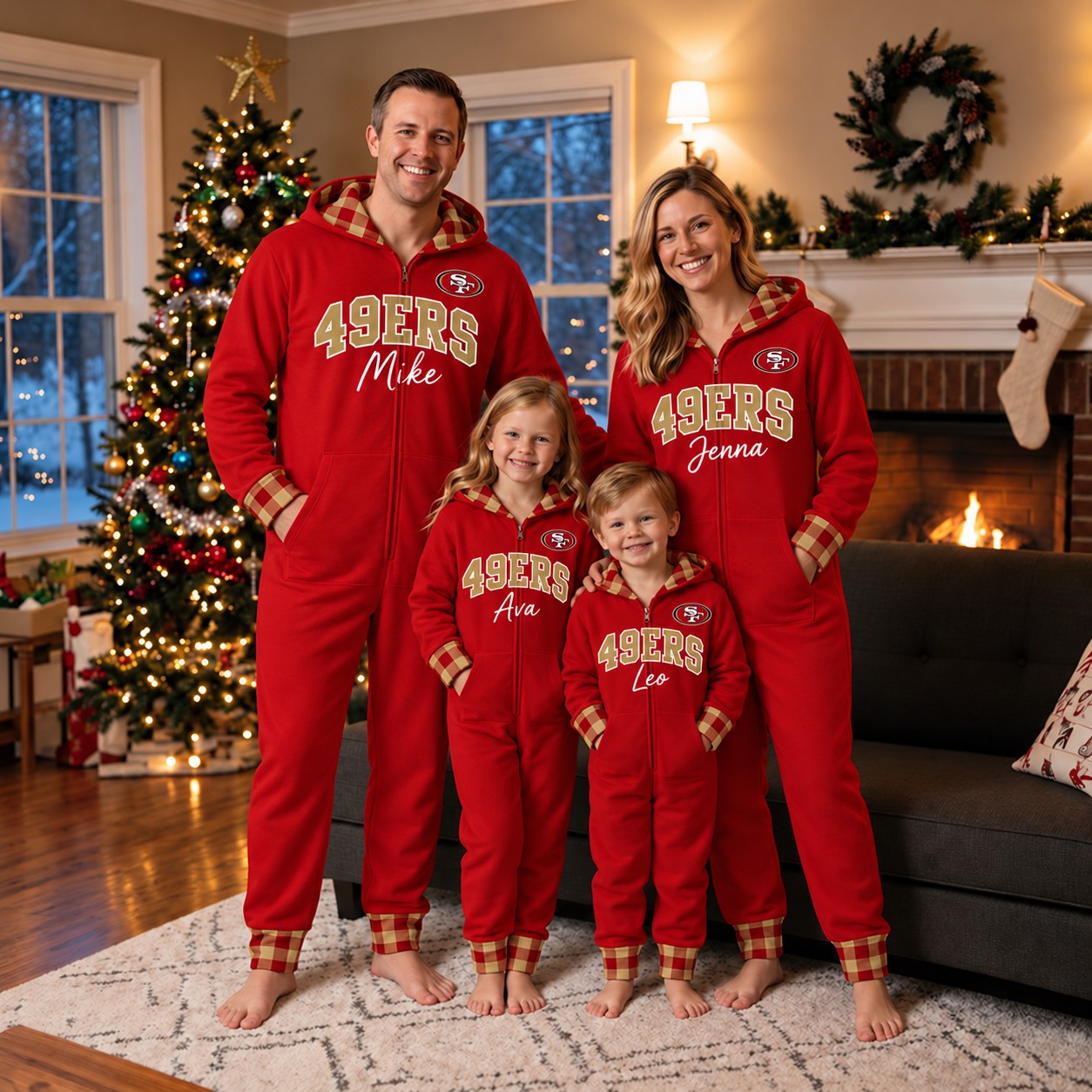 San Francisco 49ers family Christmas onesies, plaid design