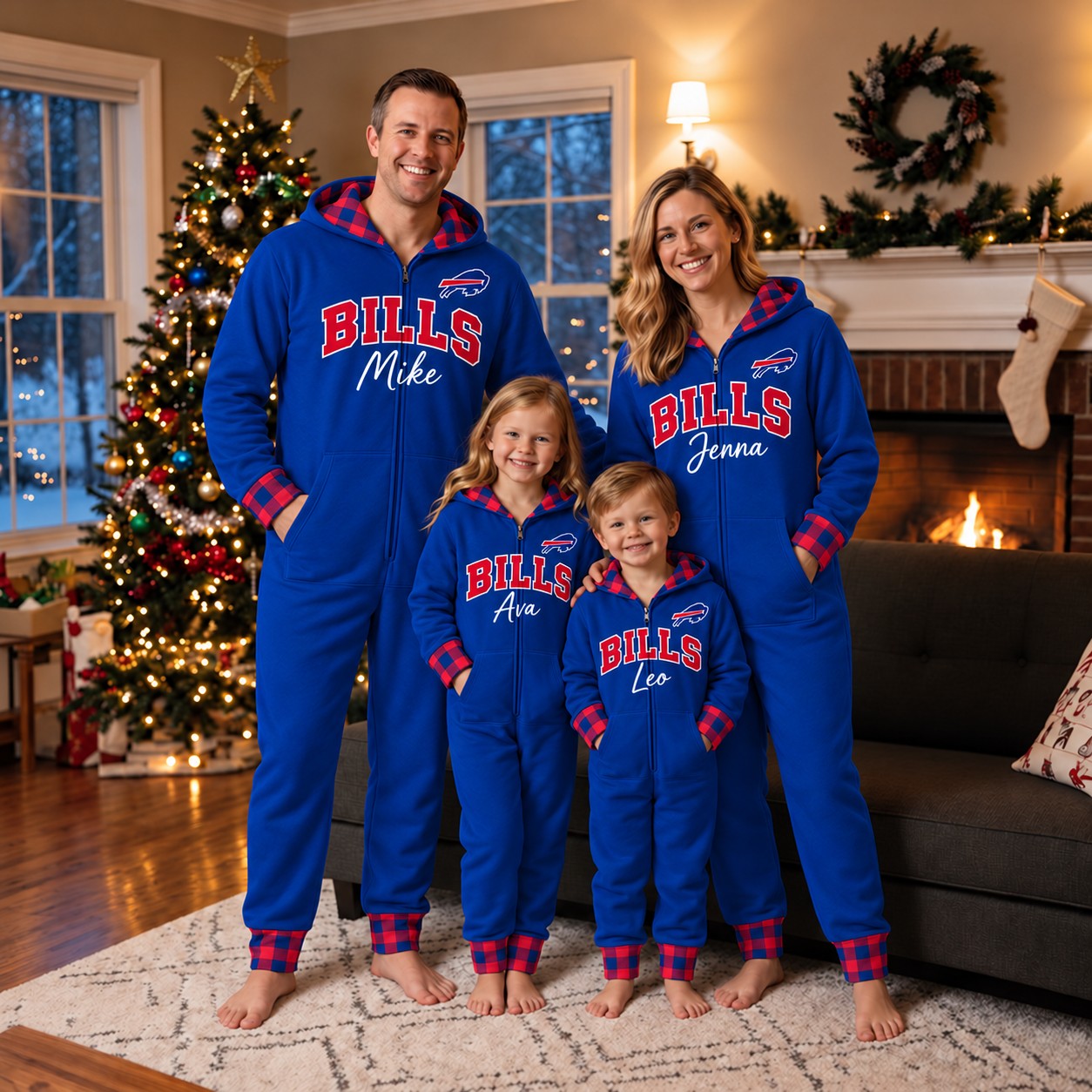 Buffalo Bills family Christmas onesies, plaid design