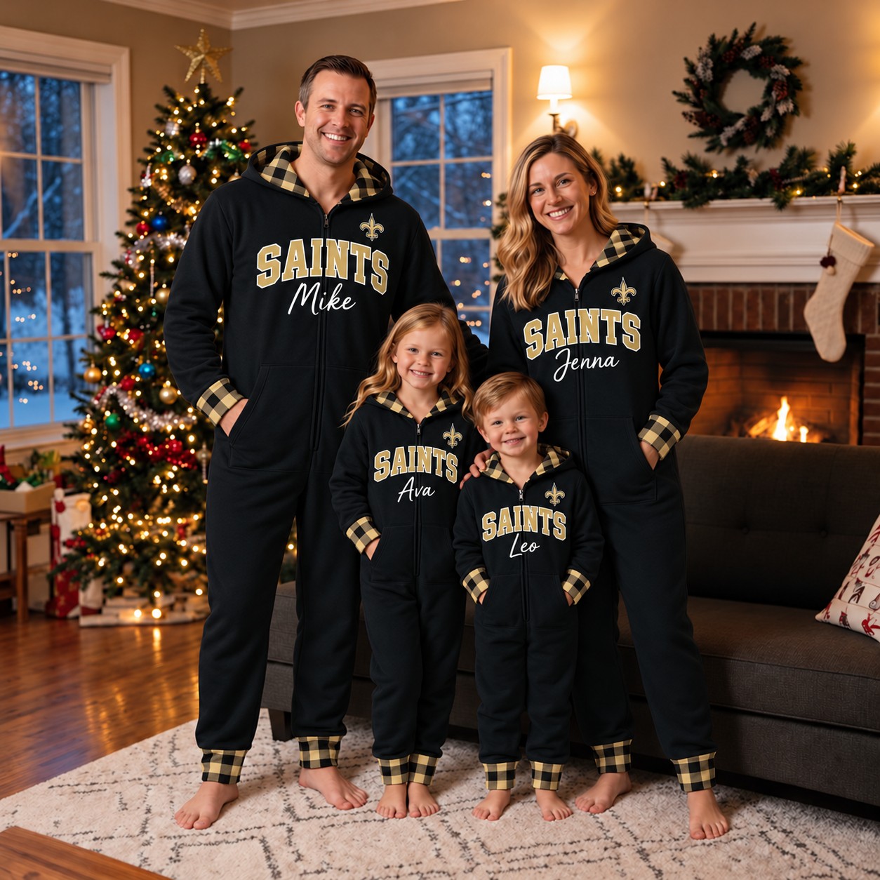 New Orleans Saints family Christmas onesies, plaid design