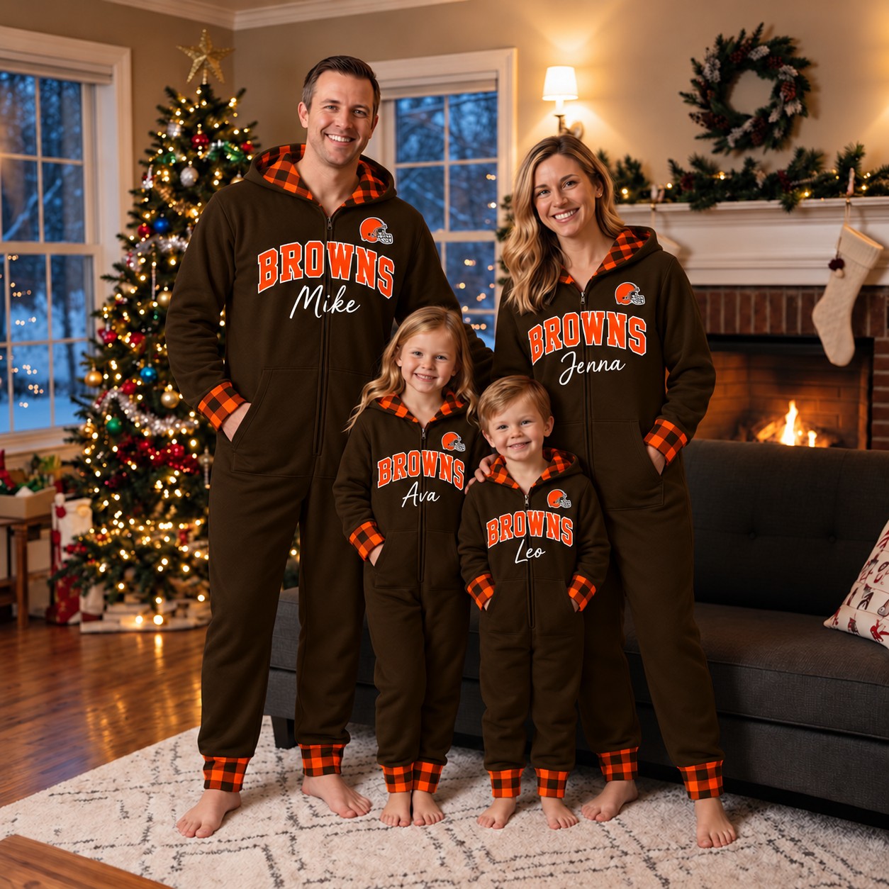 Cleveland Browns family Christmas onesies, plaid design