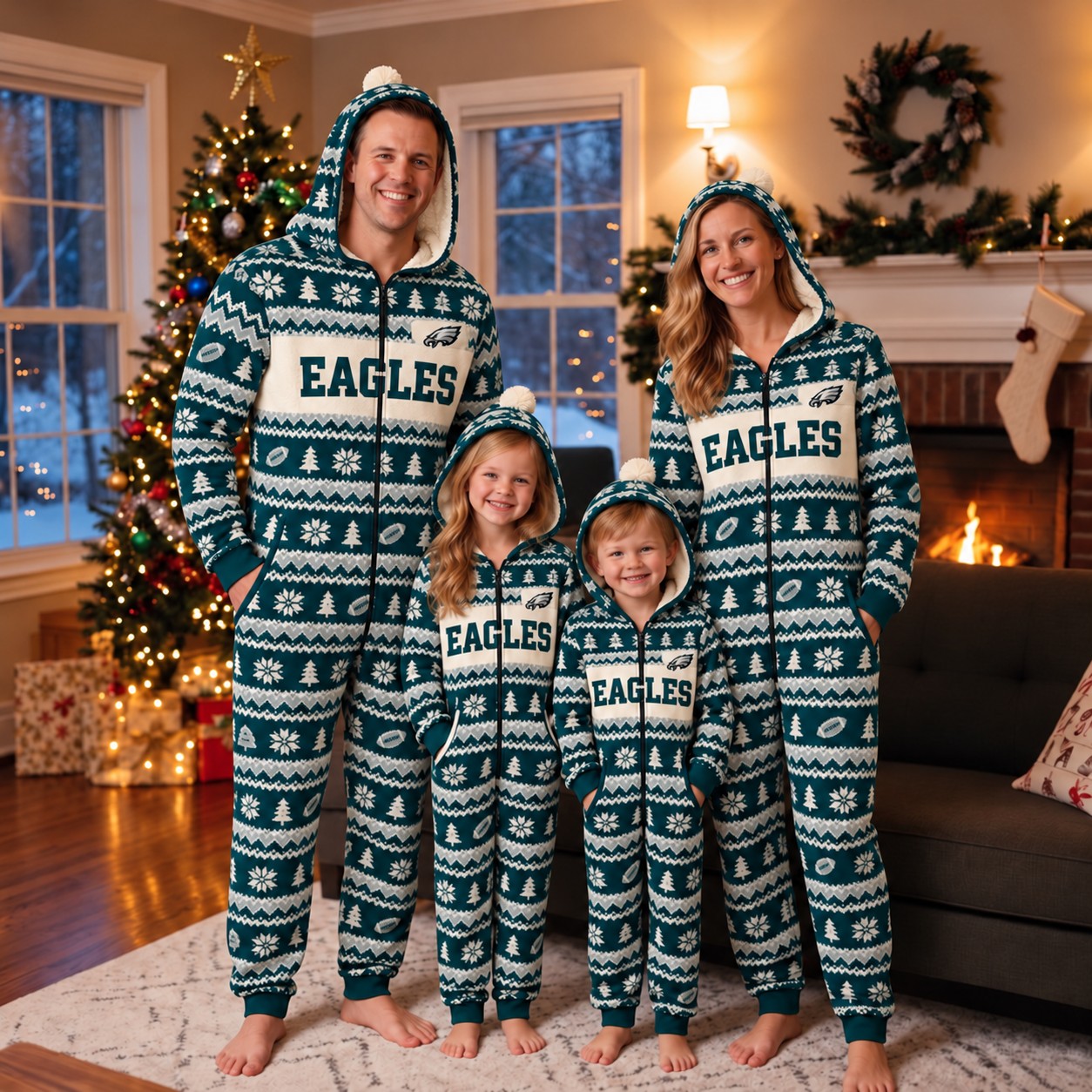 Philadelphia Eagles family Christmas onesies, fair isle design