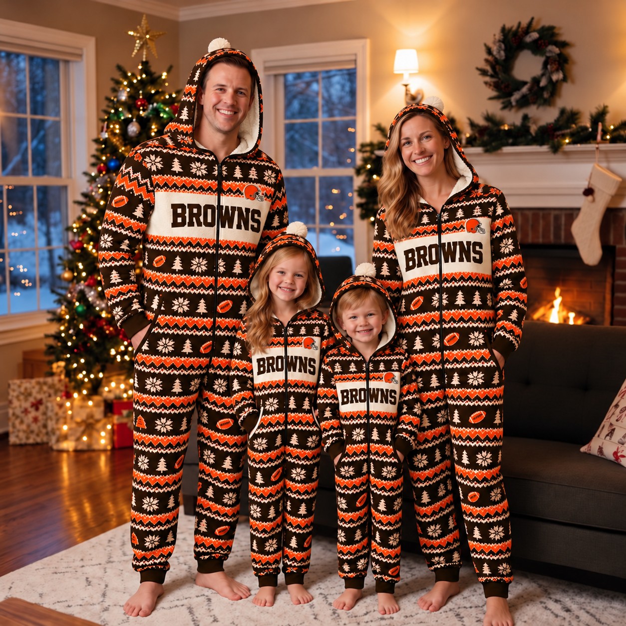 Cleveland Browns family Christmas onesies, fair isle design