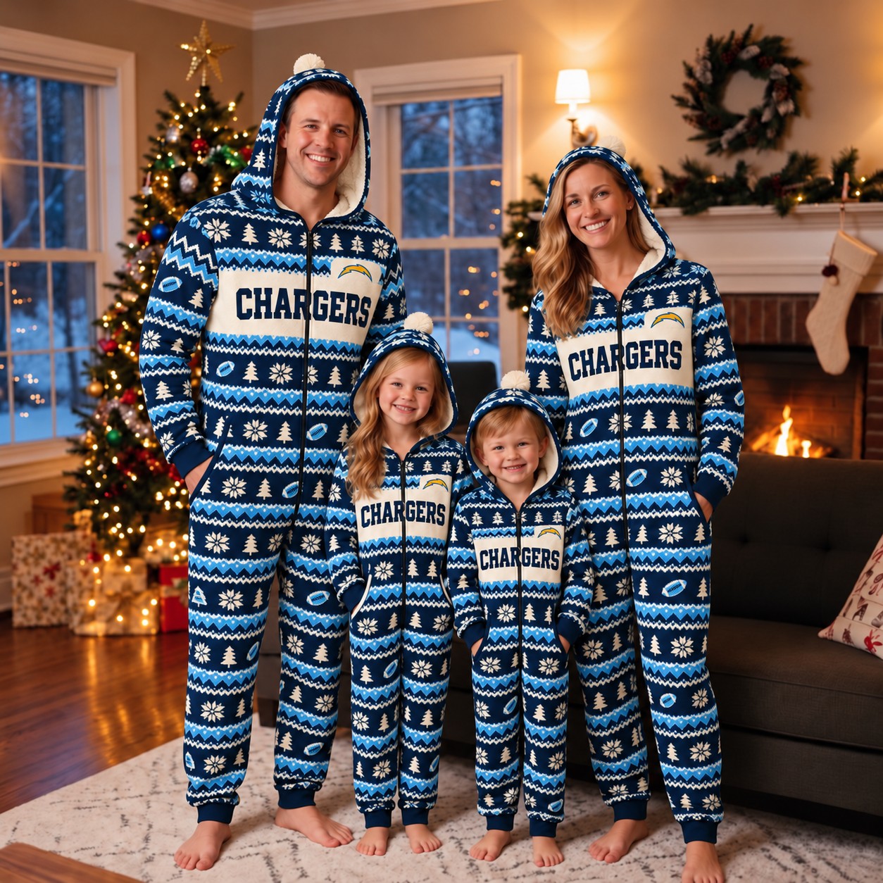 Los Angeles Chargers family Christmas onesies, fair isle design