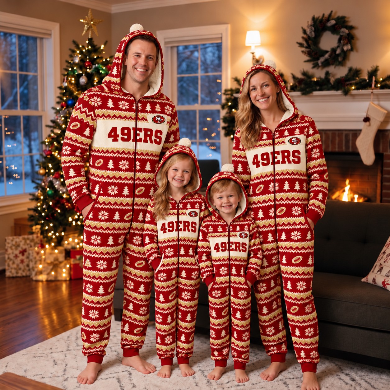 San Francisco 49ers family Christmas onesies, fair isle design